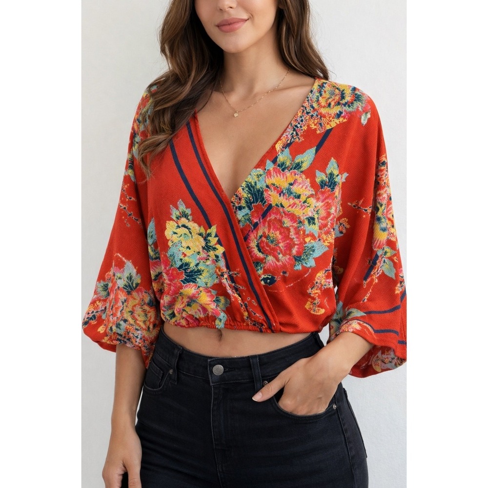 Flying Tomato Floral Surplice Kimono Sleeve‎ Crop Top Red Size XS Boho Blouse